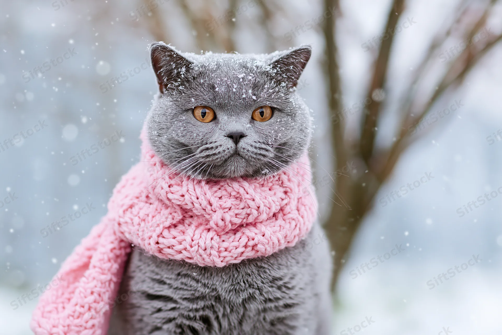 Grey british shorthair cat wearing pink knitted scarf in snowy outdoor setting