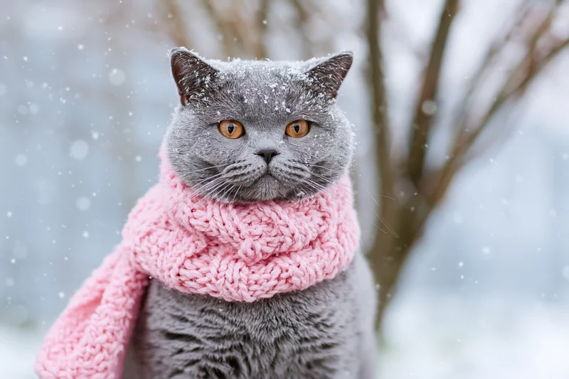 Grey british shorthair cat wearing pink knitted scarf in snowy outdoor setting