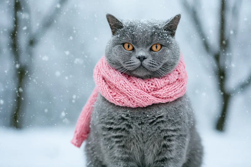 Grey british shorthair cat wearing pink knitted scarf sitting in snowy forest