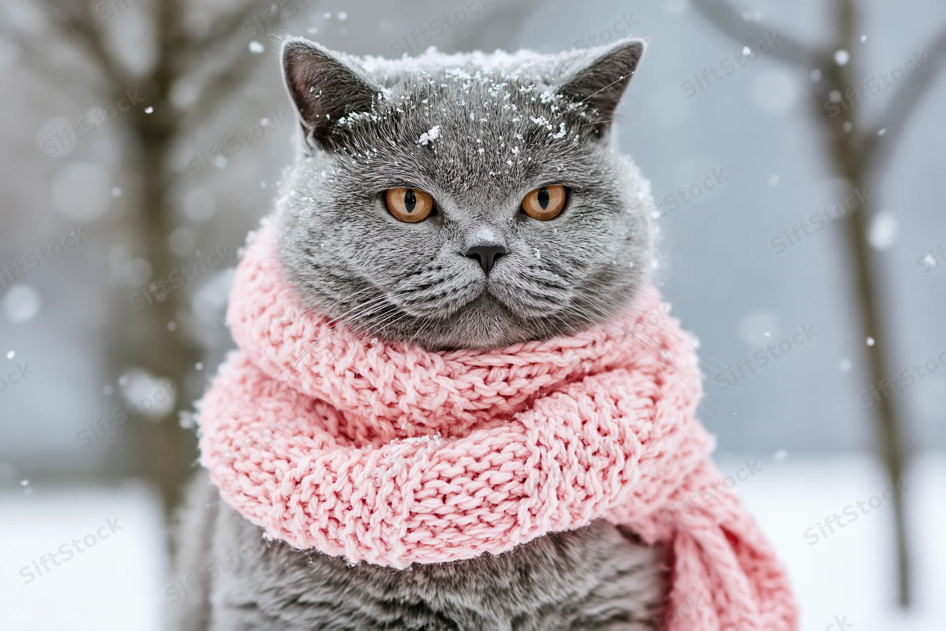 Grey british shorthair cat wearing pink knitted scarf in snowy outdoor setting