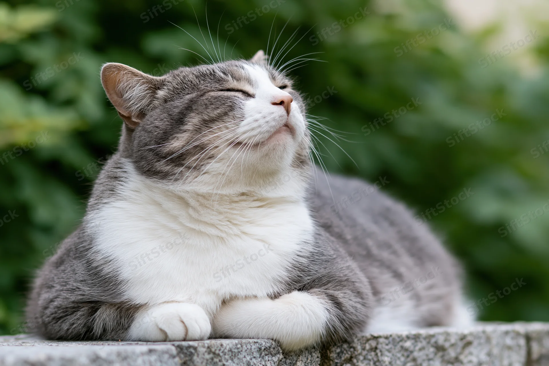 Grey and white domestic cat resting with eyes closed on a low stone ledge outdoors