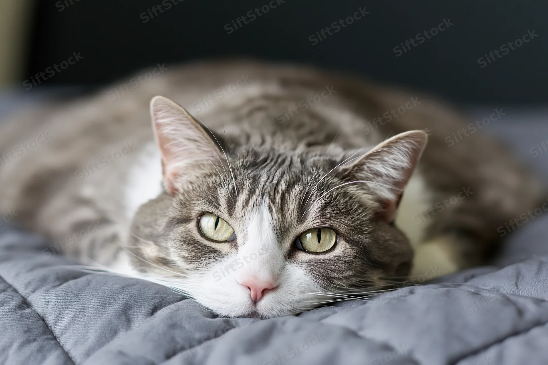 Grey and white tabby cat resting on a quilted grey blanket