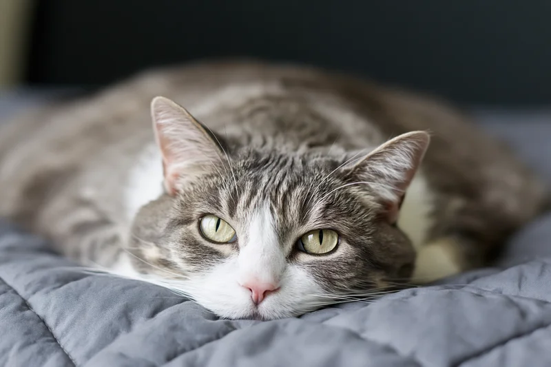 Grey and white tabby cat resting on a quilted grey blanket