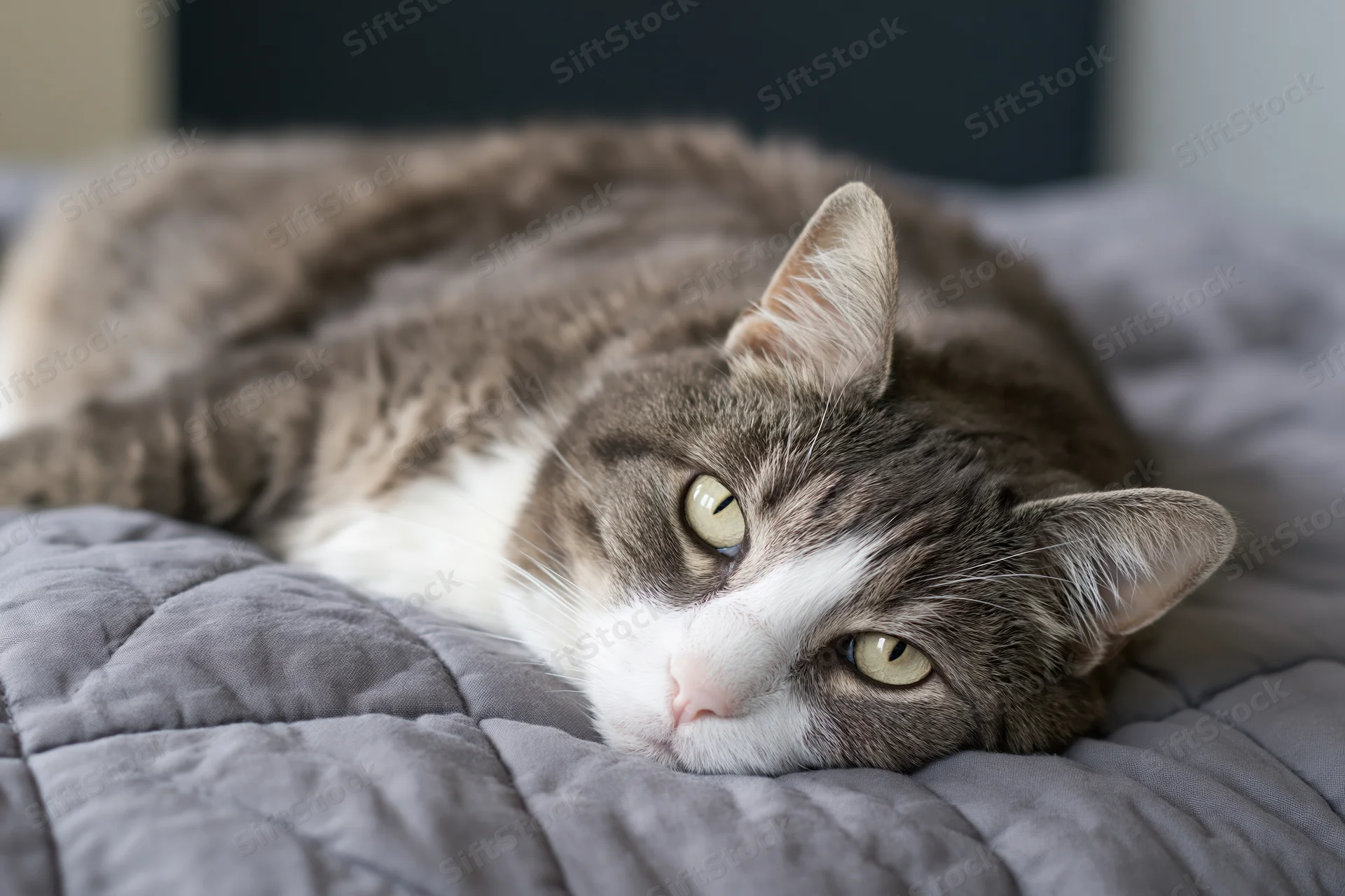 Grey and white tabby cat lying flat on a quilted grey blanket in a bedroom
