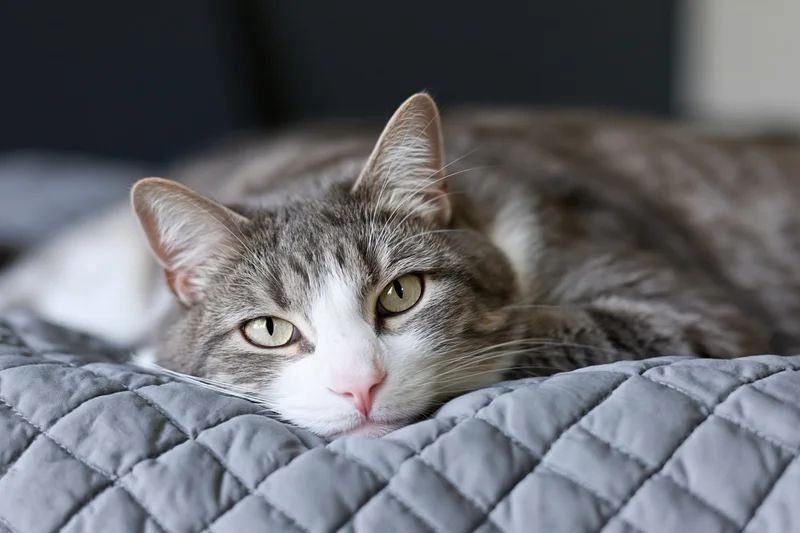 Grey and white tabby cat lying on a quilted grey blanket, head resting, eyes open, indoors