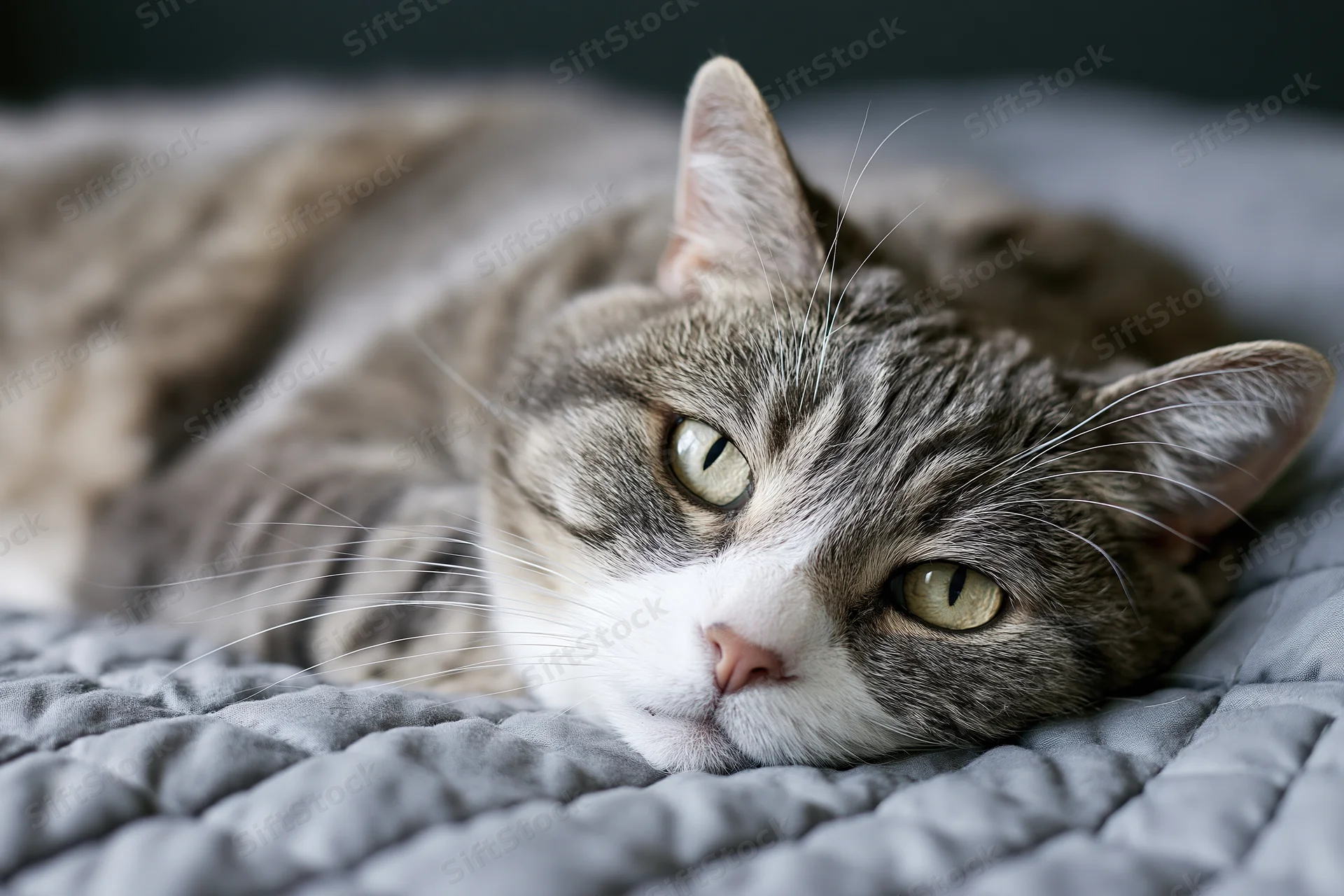 Grey and white tabby cat lying on a quilted grey blanket