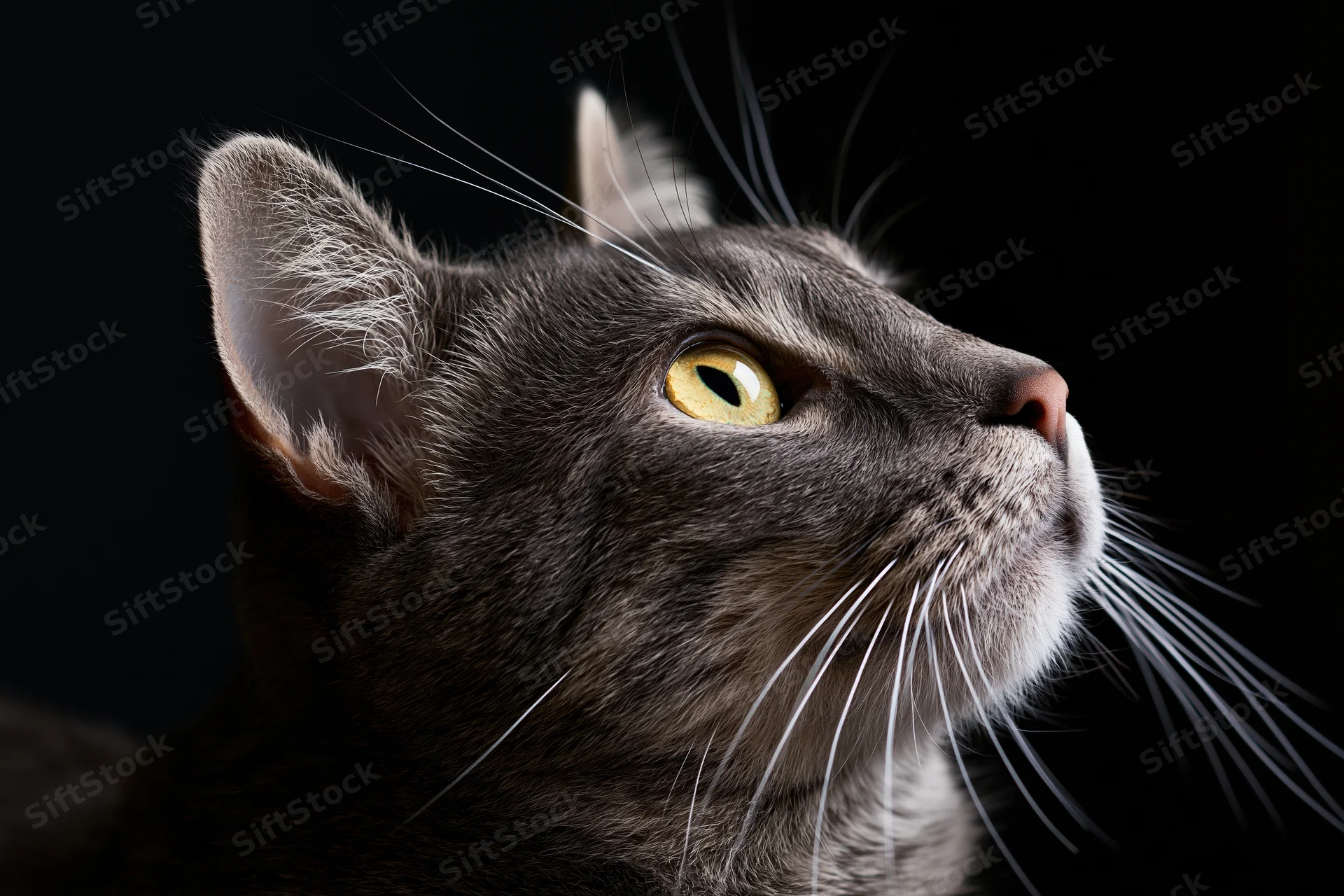 Grey tabby cat in profile gazing upward against black background