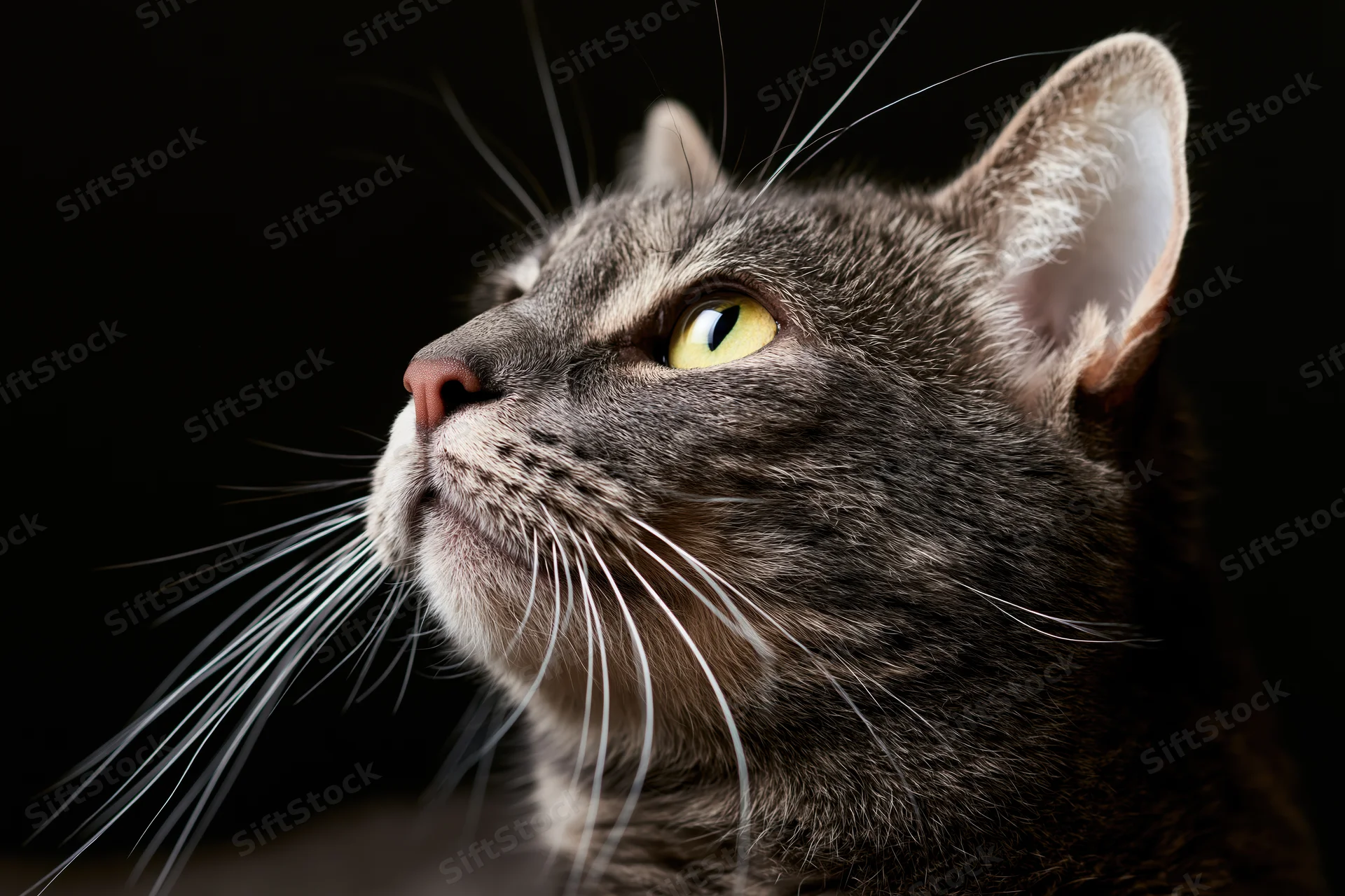 Grey tabby cat in profile gazing upward against dark background