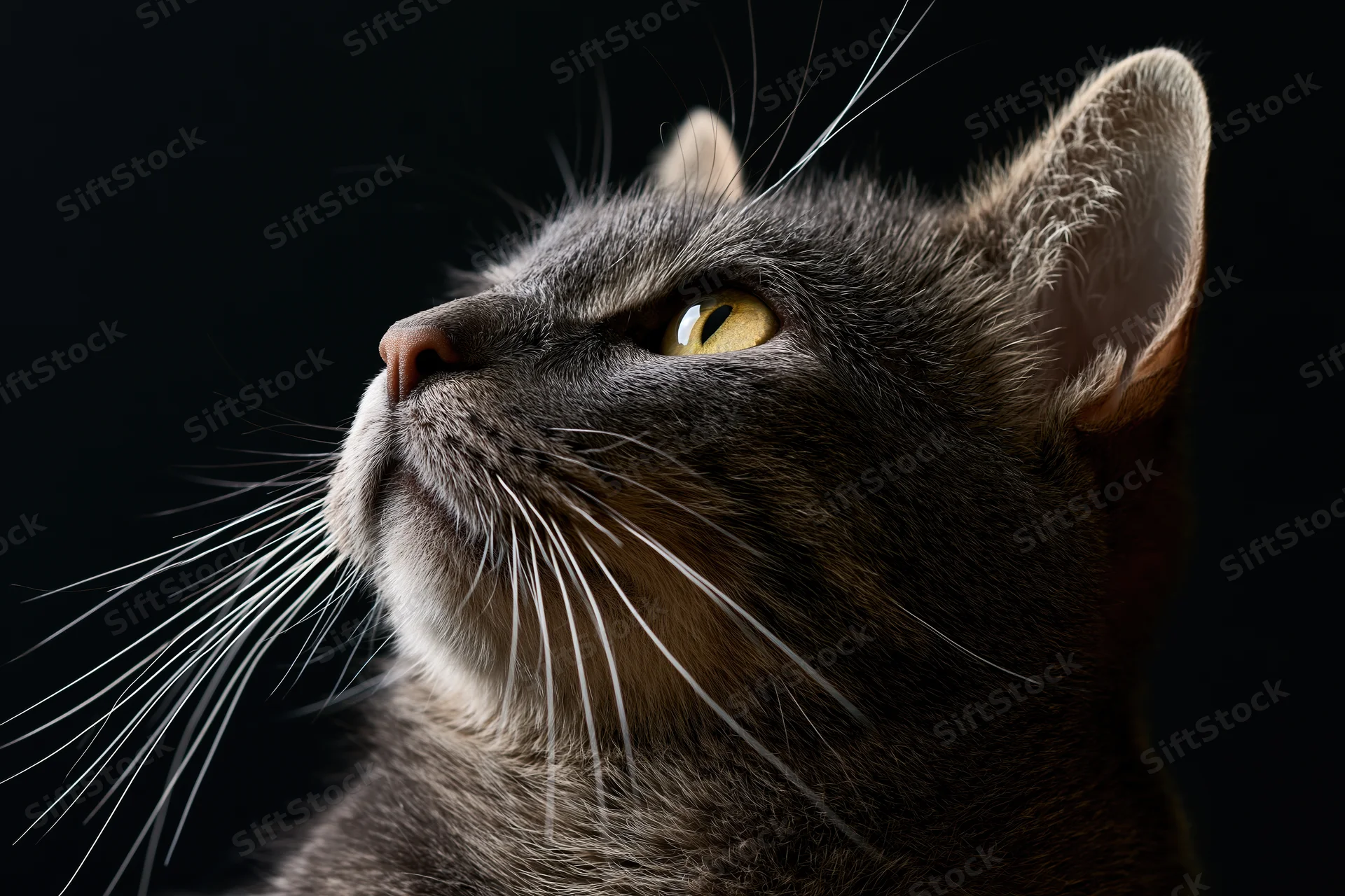 Grey tabby cat in profile gazing upward against dark background