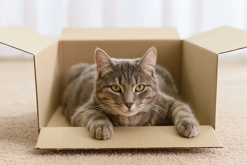 Grey tabby cat lying inside open cardboard box on beige carpet