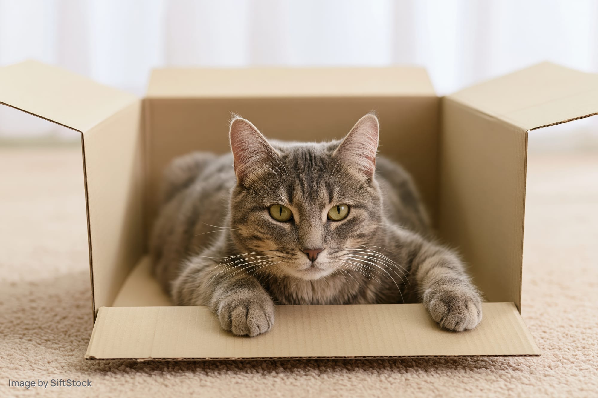 Grey tabby cat lying inside open cardboard box on beige carpet