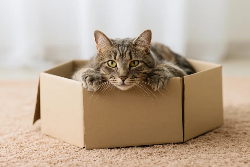 Grey tabby cat lying inside open cardboard box on beige carpet indoors