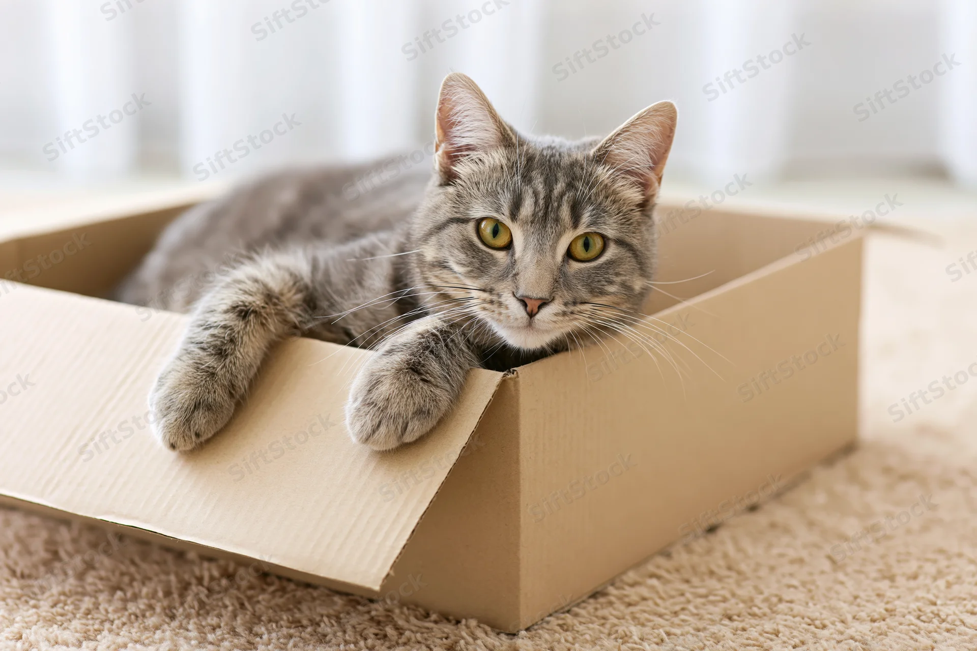 Grey tabby cat lying inside open cardboard box on beige carpet