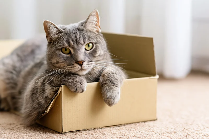 Grey tabby cat lying inside open cardboard box on beige carpet