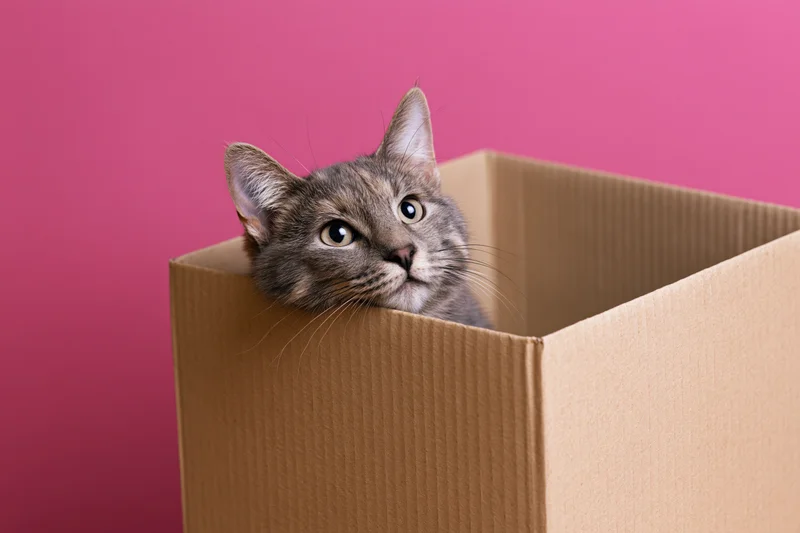 Gray tabby cat peeking from inside a cardboard box against pink background