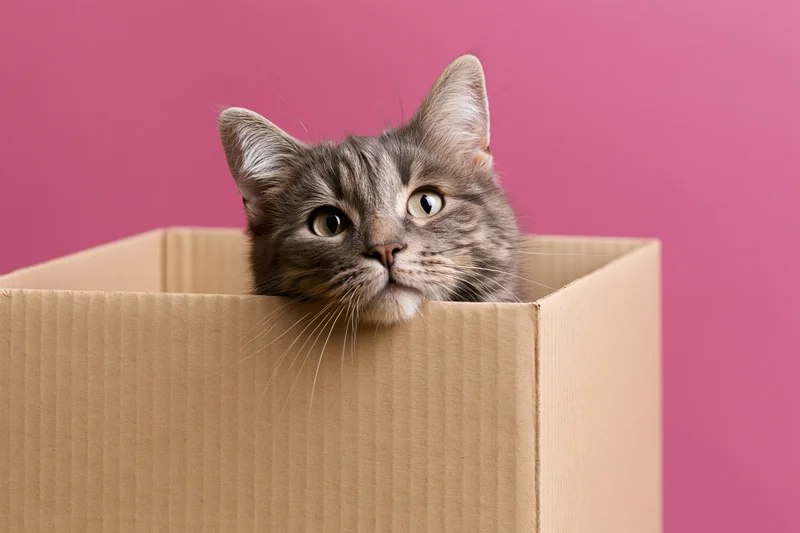 Grey tabby cat peeking from inside a cardboard box against pink background