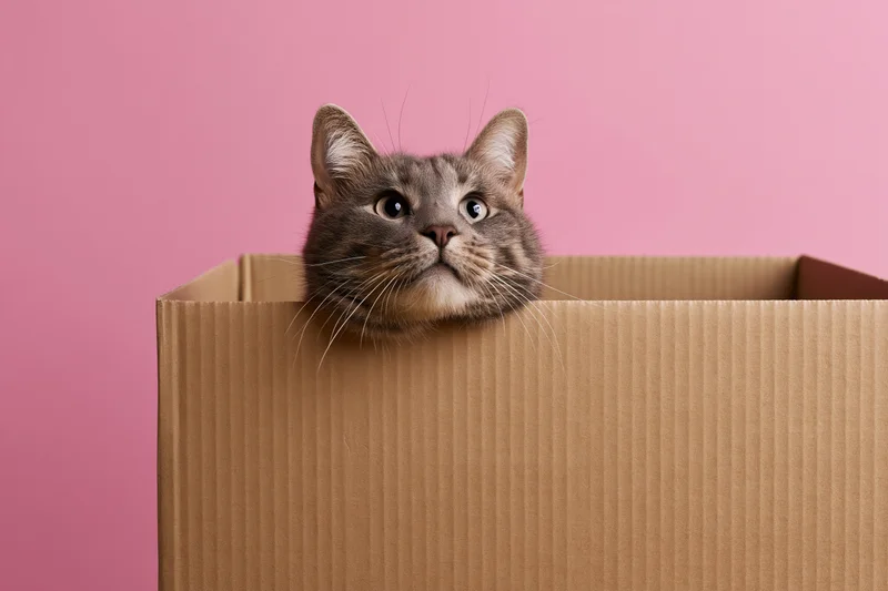 Grey tabby cat peeking from inside a cardboard box against pink background