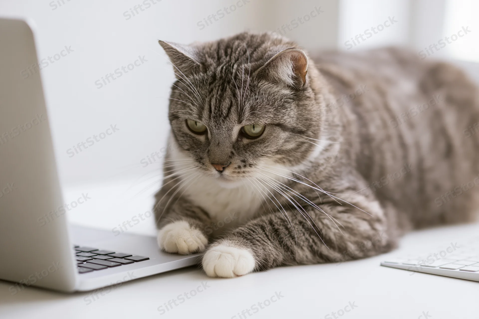 Grey tabby cat resting with paws on laptop keyboard on white desk