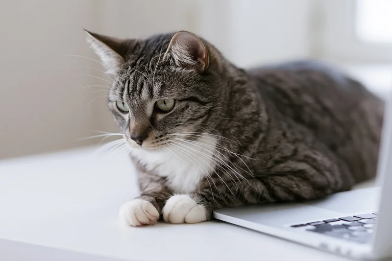 Grey tabby cat resting on desk beside open laptop, paws near keyboard, indoor home office setting