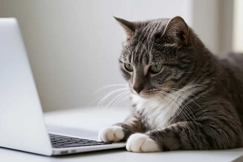 Grey tabby cat resting its paws on a white laptop keyboard at a desk