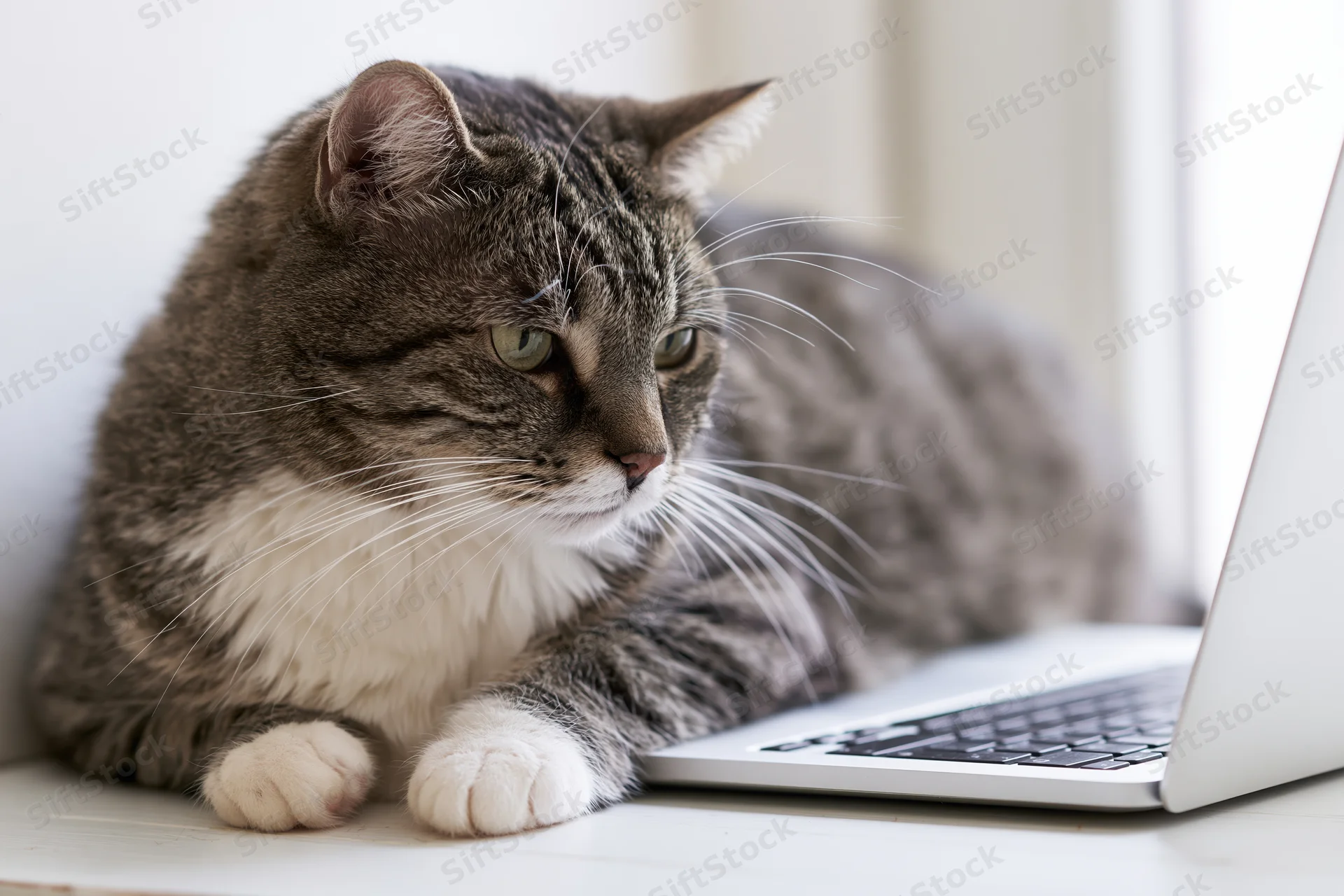 Grey tabby cat resting with paws on laptop keyboard on desk