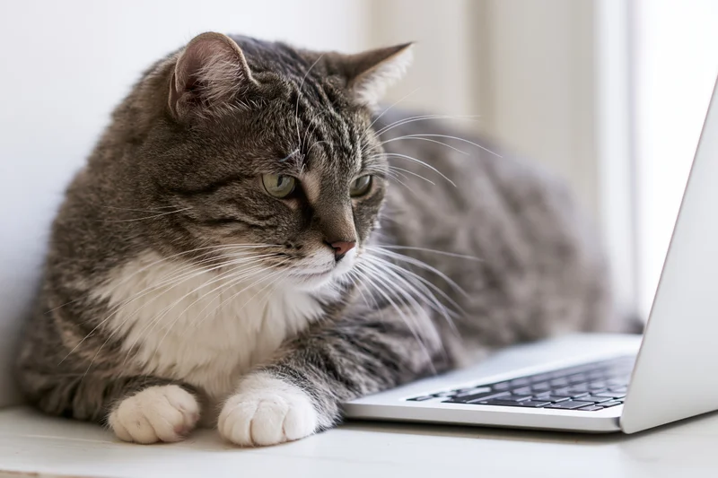 Grey tabby cat resting with paws on laptop keyboard on desk