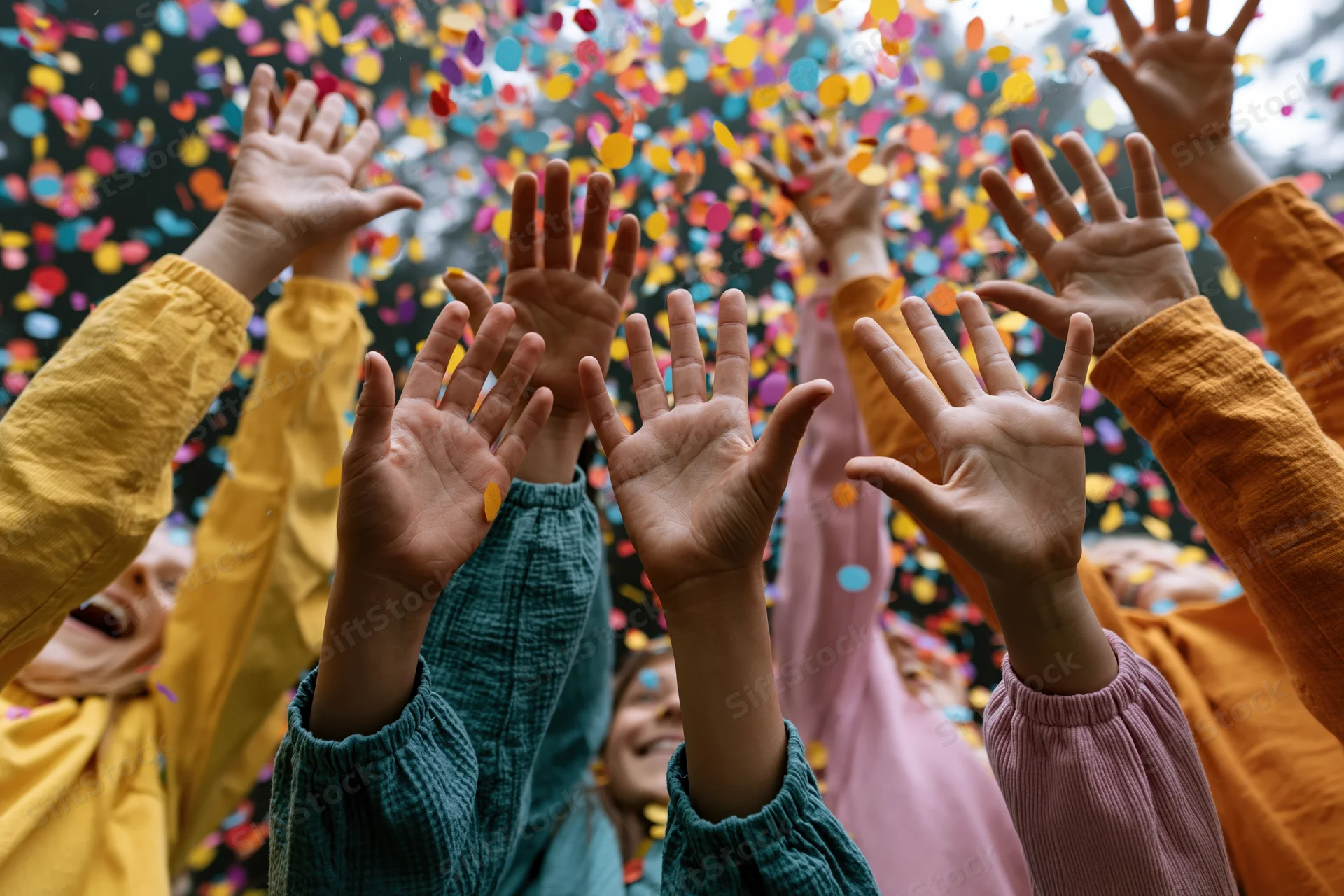 Children and adults raising hands to catch falling confetti at a festive outdoor celebration