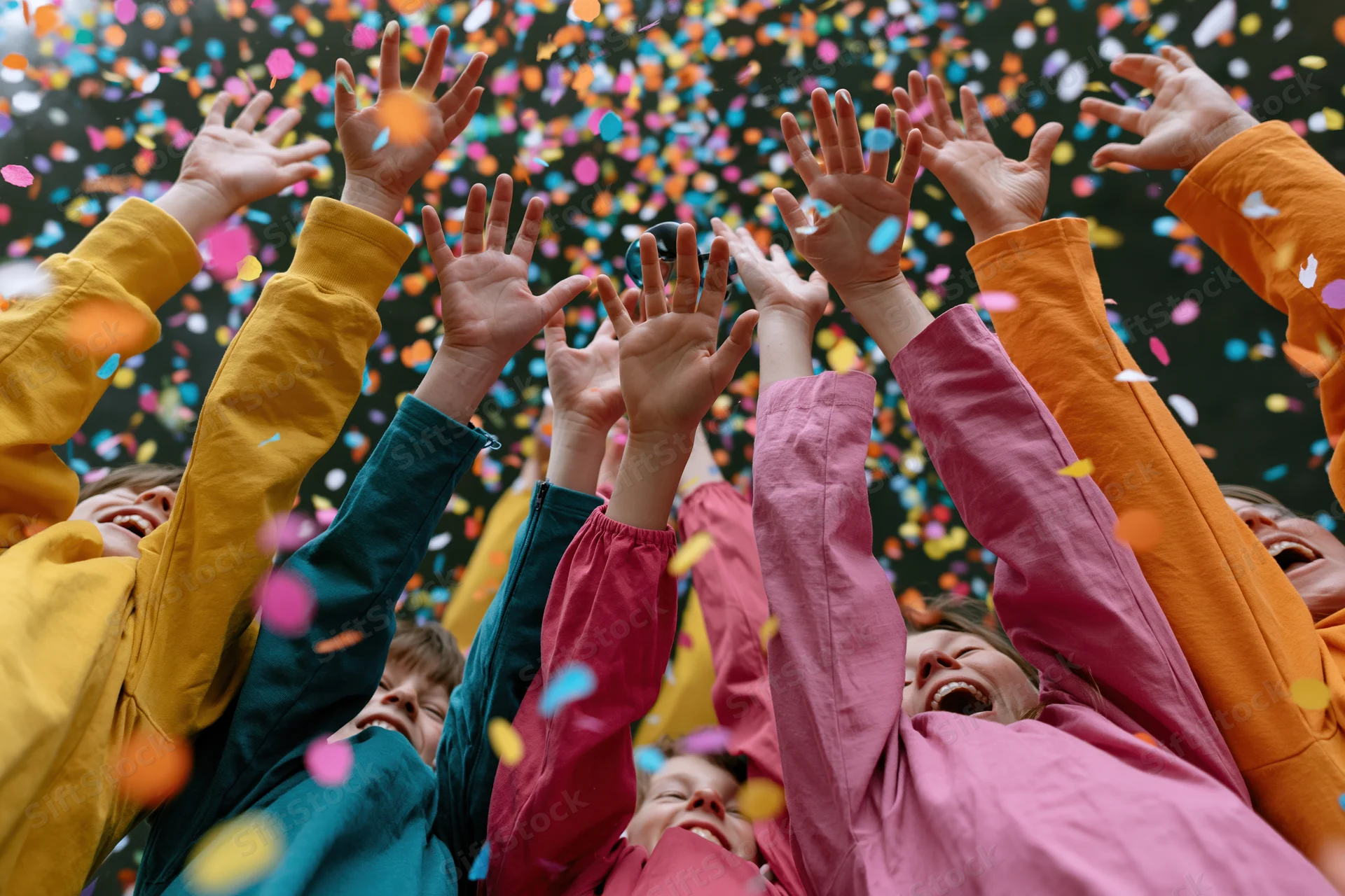 Children and adults raising hands upward in colorful confetti during celebration