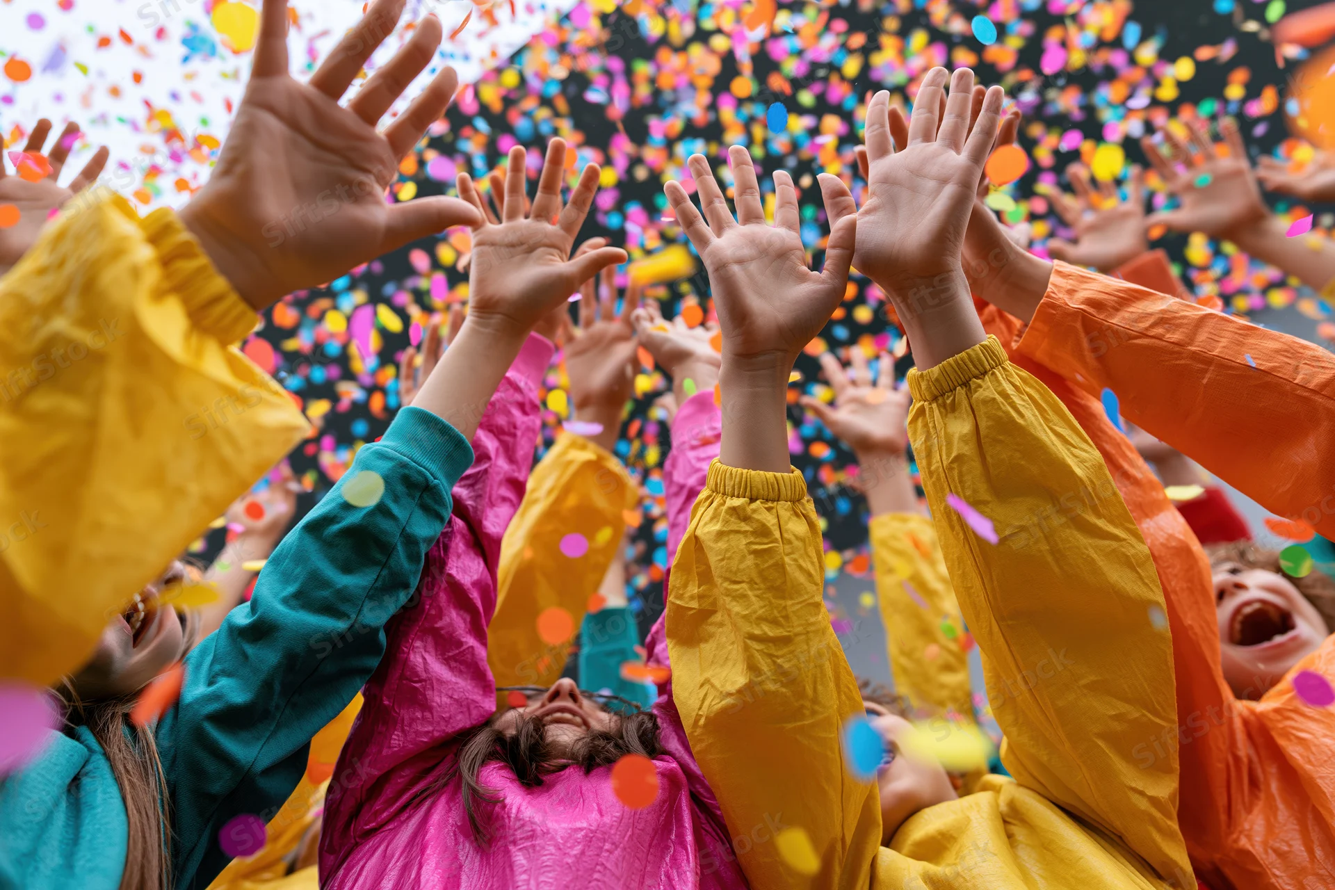 Group of children and adults raising hands upward in colorful confetti at a festive outdoor celebration