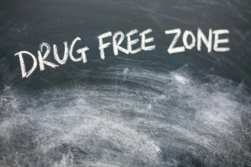 Handwritten chalk text reading drug free zone on a blackboard surface