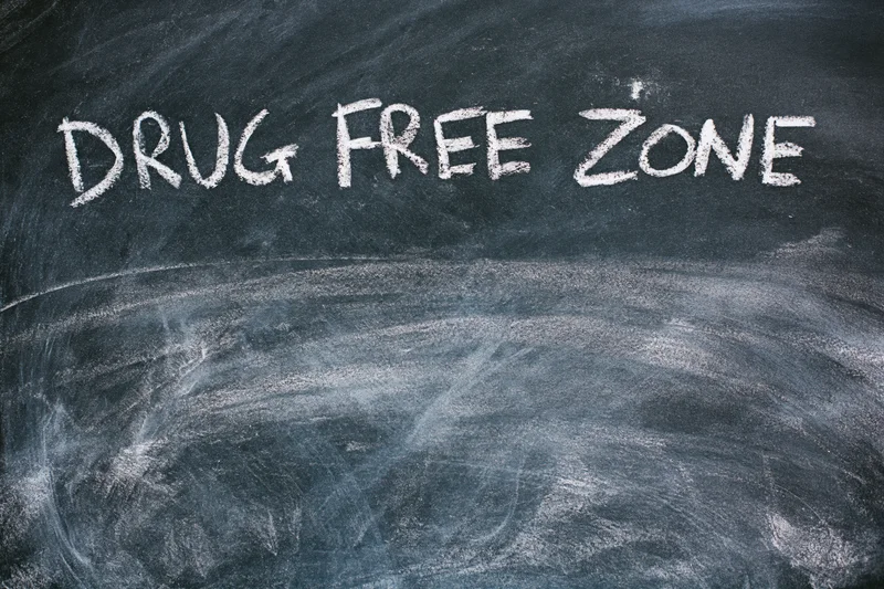 Handwritten chalk text reading drug free zone on a blackboard in a classroom
