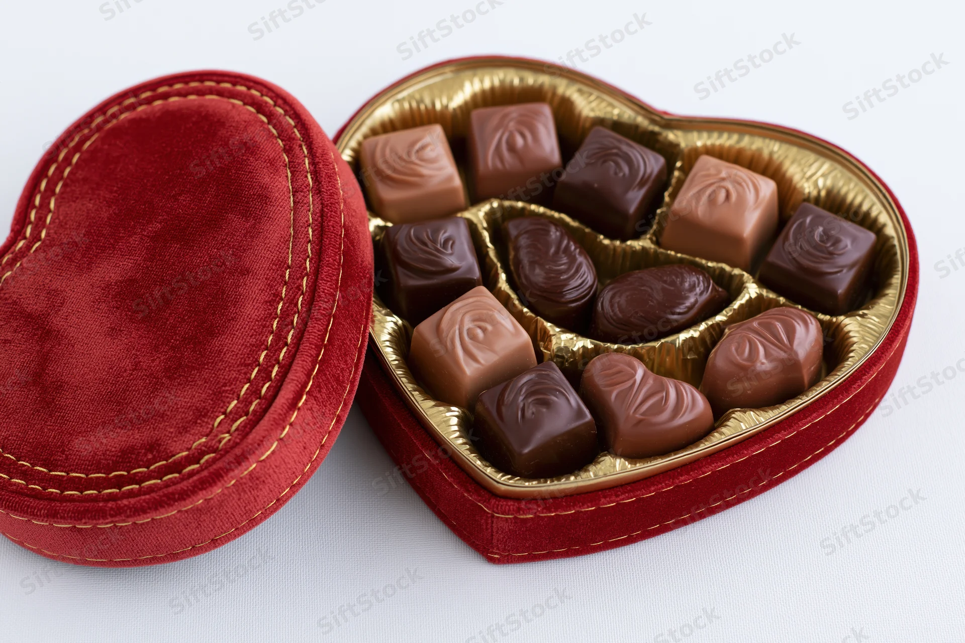 Heart-shaped chocolate gift box open on white background