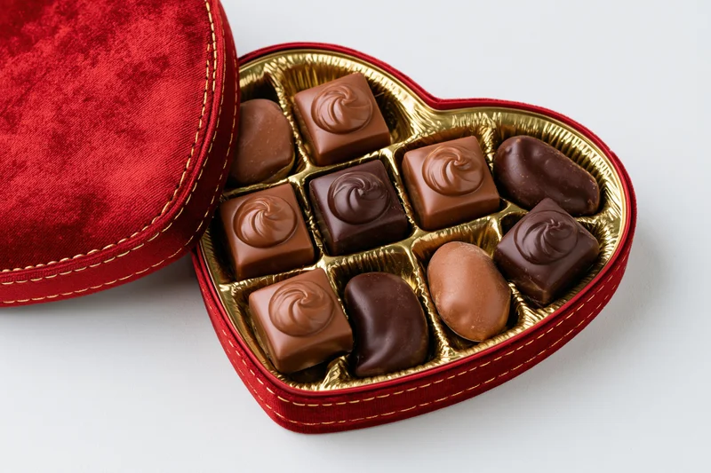 Heart-shaped chocolate gift box open on white background showing assorted chocolates in gold tray with red velvet lid