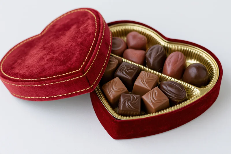 Open heart-shaped chocolate gift box on white background