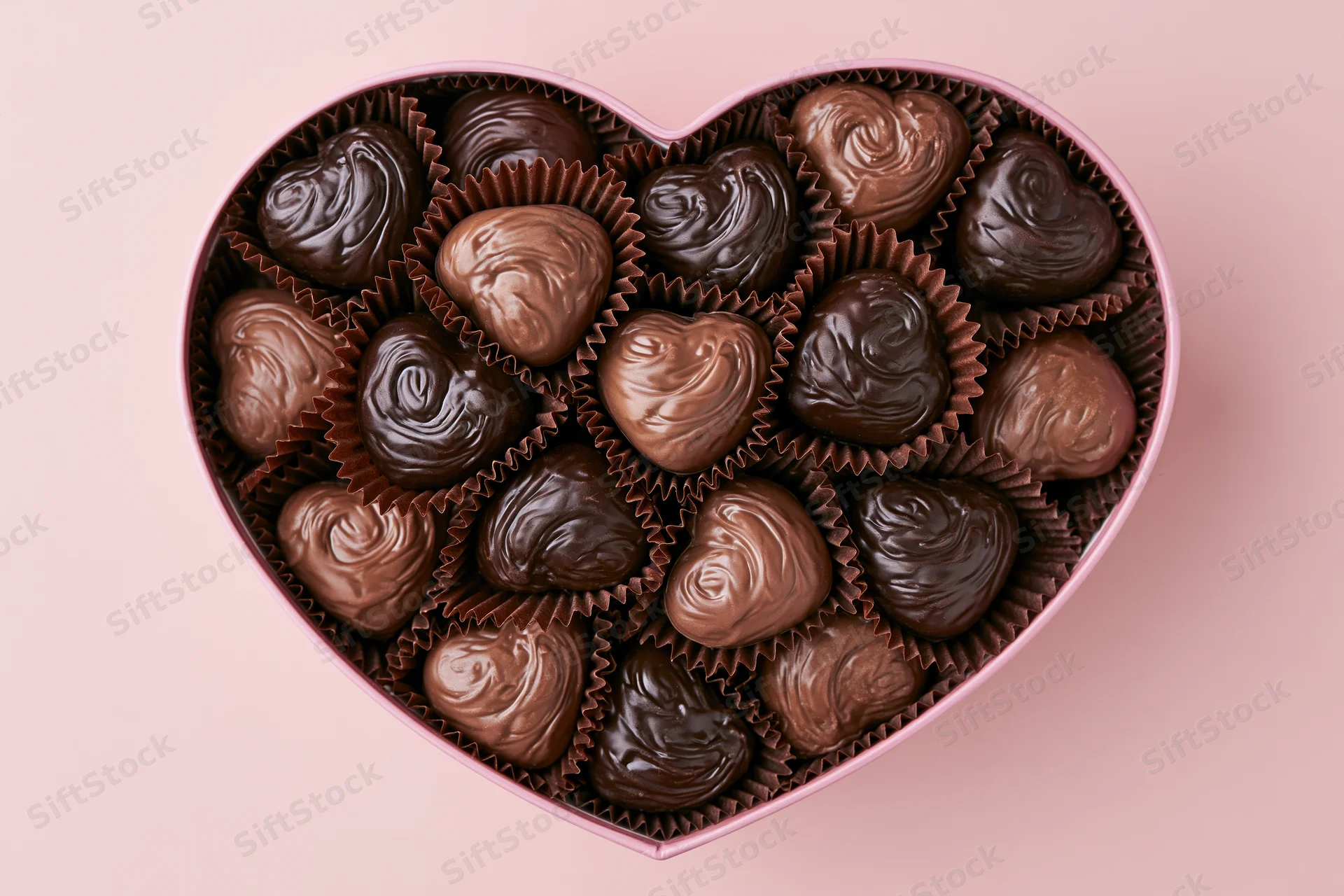 Heart-shaped box filled with assorted chocolate candies on pink background
