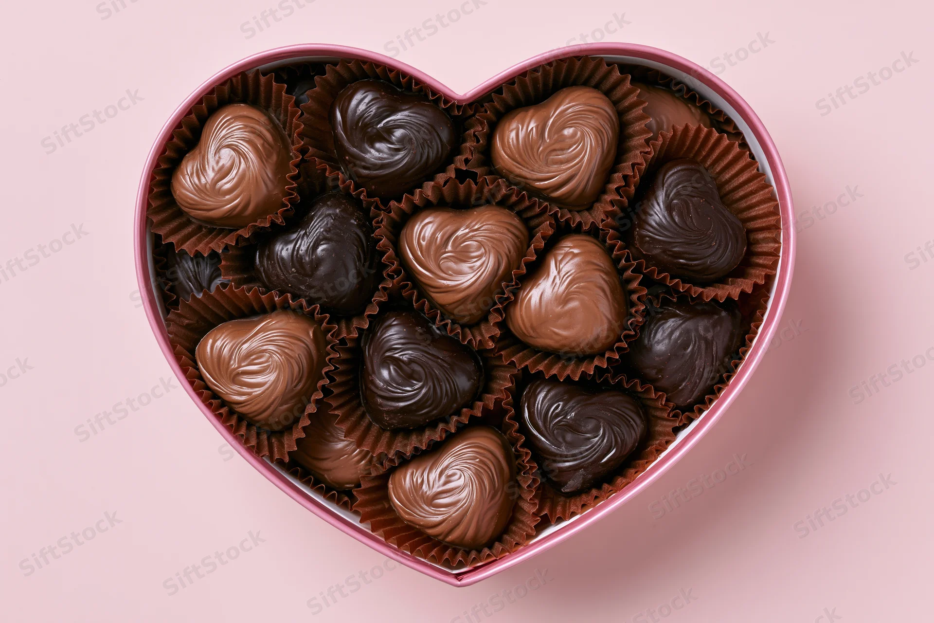 Heart-shaped box filled with assorted chocolate candies on pink background