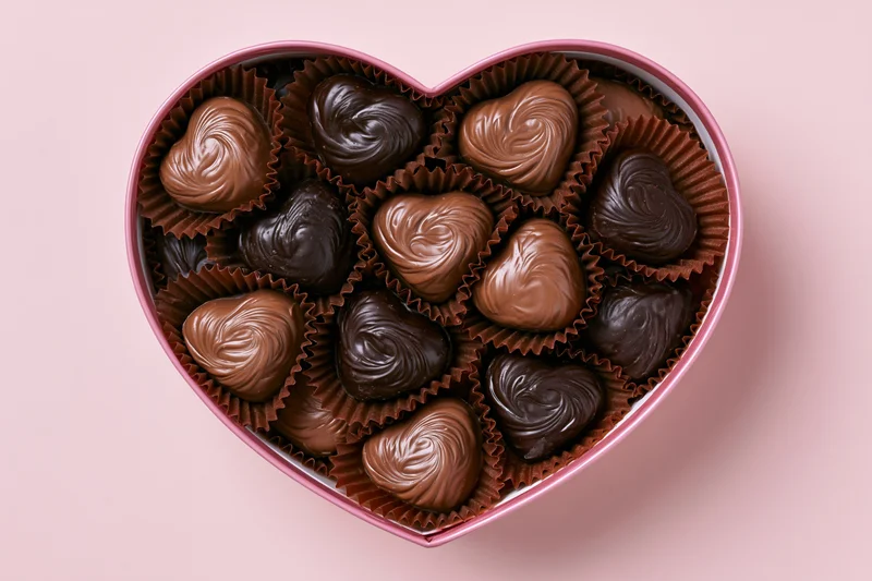 Heart-shaped box filled with assorted chocolate candies on pink background