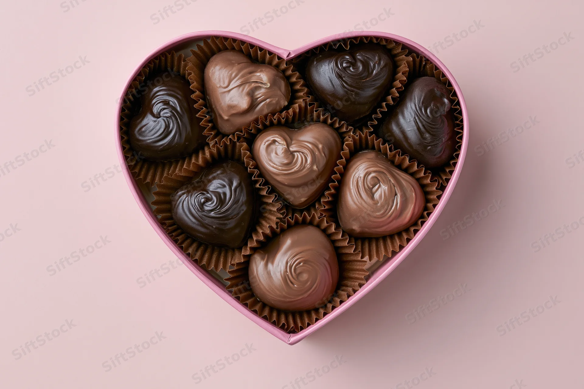 Heart-shaped box filled with assorted chocolates on a pink background
