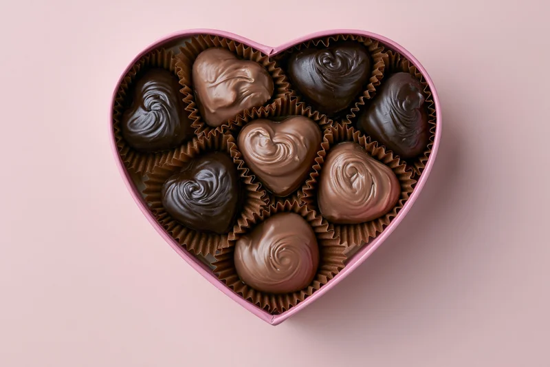Heart-shaped box filled with assorted chocolates on a pink background