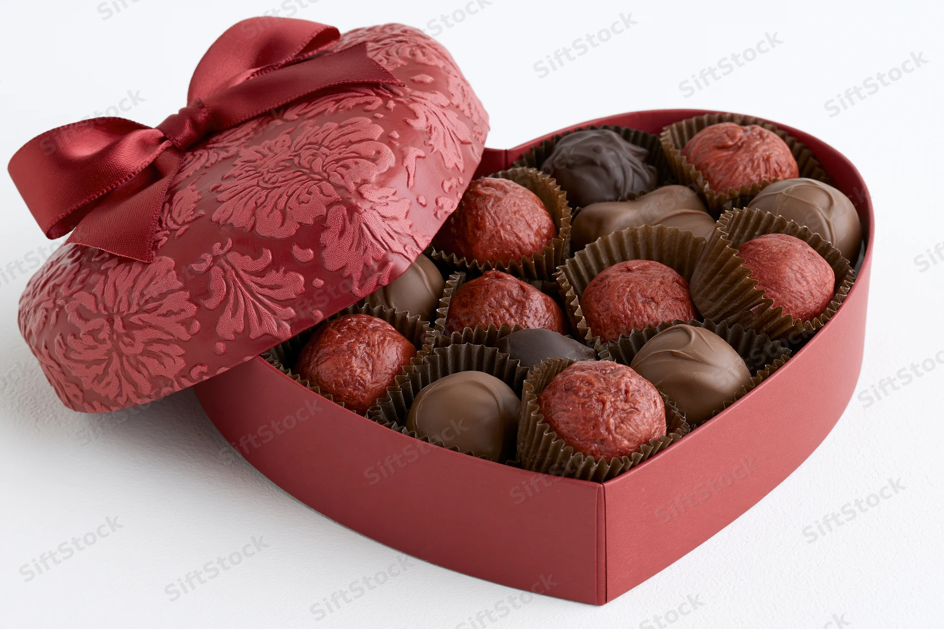 Heart-shaped red gift box filled with assorted milk and dark chocolate truffles, lid open with ribbon bow, on white background