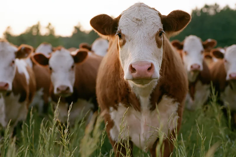 Hereford cow facing camera in a grassy pasture with herd behind