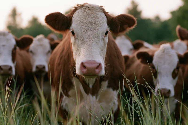 Hereford cow facing camera in a grassy pasture with herd behind