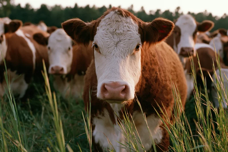 Hereford cow facing camera in a grassy pasture with herd behind