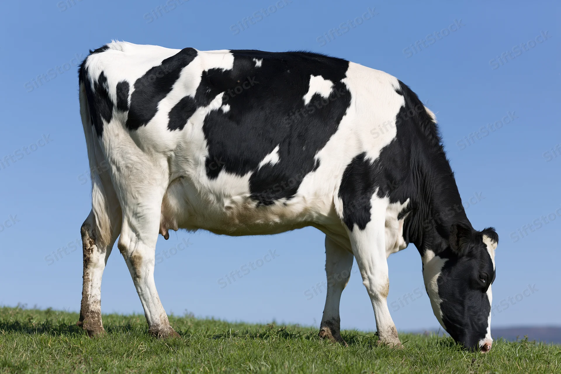 Holstein cow grazing on green pasture under clear blue sky