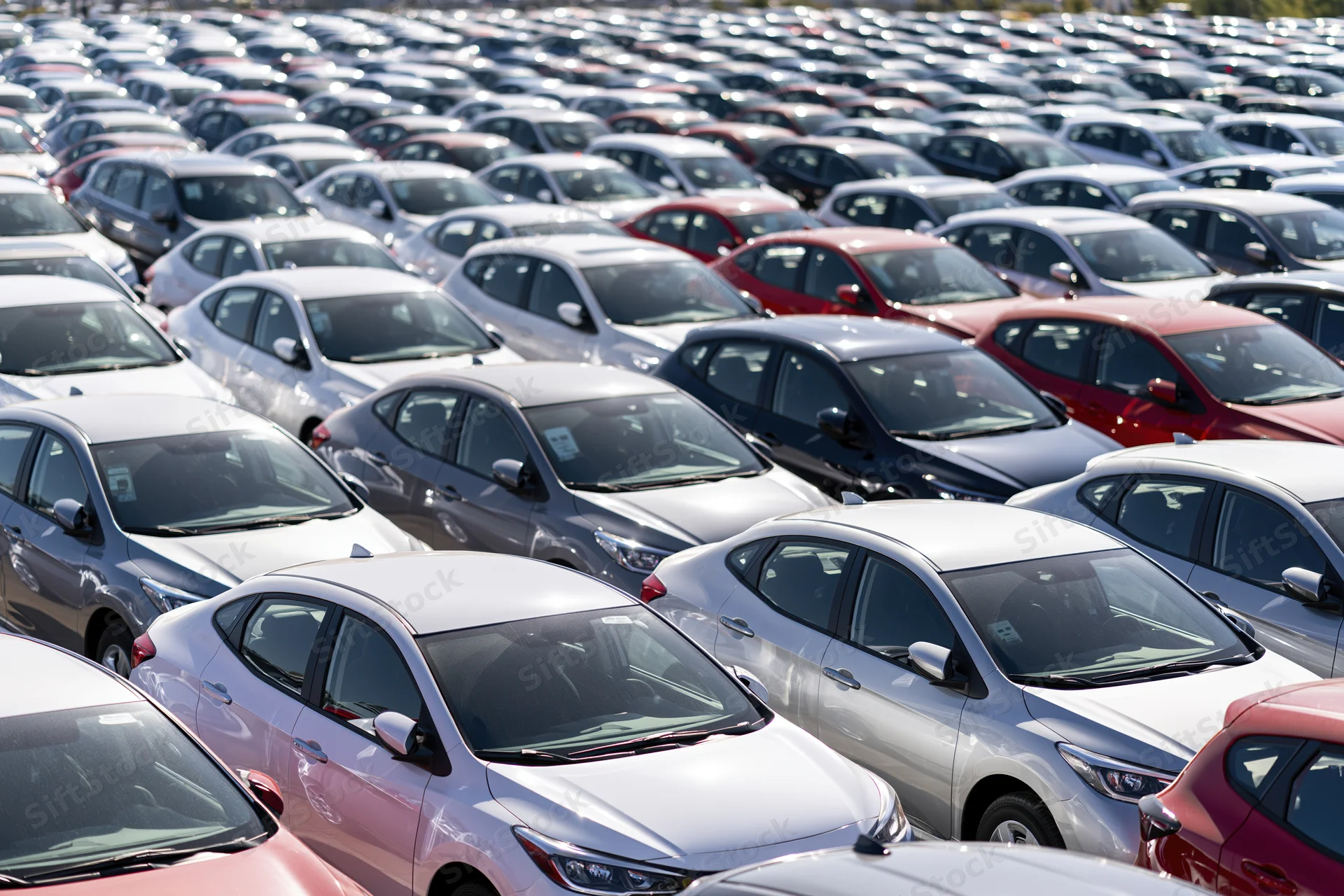 Rows of new cars parked tightly in an outdoor dealership lot
