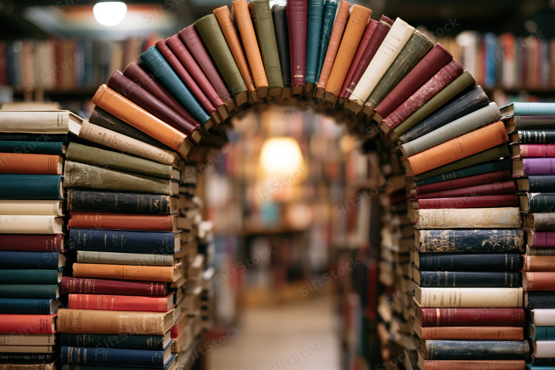 Books stacked in an archway forming a tunnel in a library interior