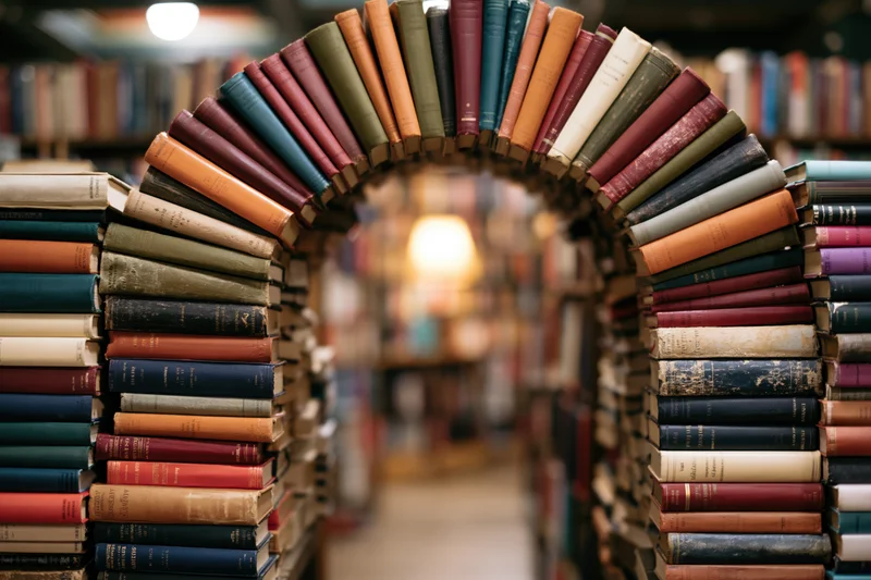 Books stacked in an archway forming a tunnel in a library interior