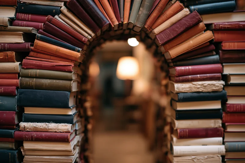 Tunnel formed by stacked vintage books leading to a warmly lit room