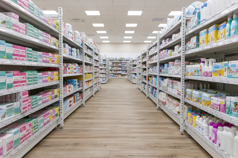 Interior of a clean modern pharmacy with rows of white shelves