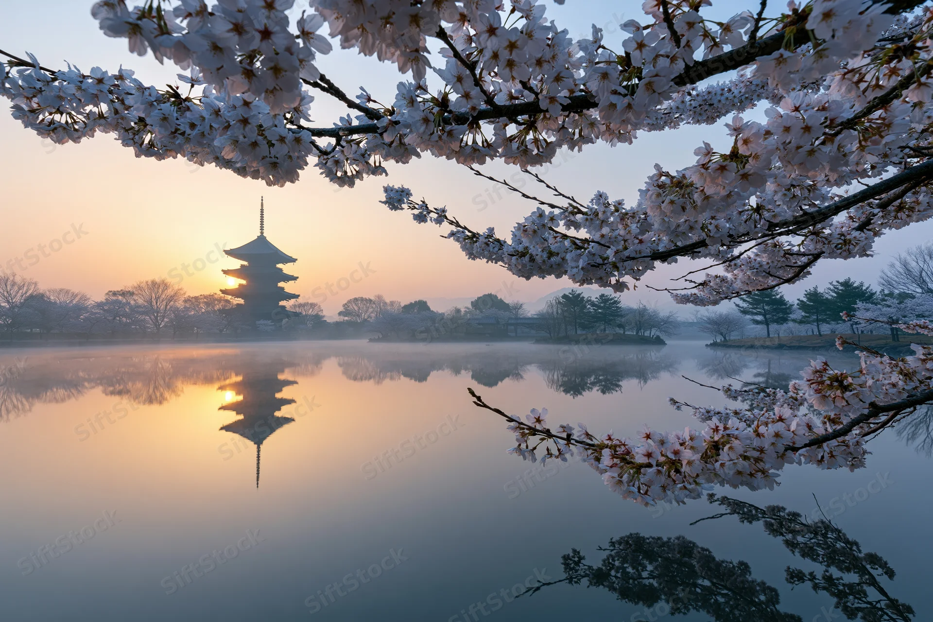 Cherry blossom branches framing a five-story pagoda silhouetted at sunrise over a misty lake with reflection
